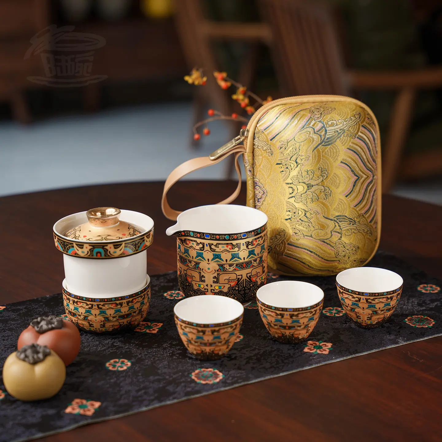 Gilded Tangka Portable Travel Tea Set - 1-Pot 3-Cups, Water Isolation Design, High-End Kitchenware with Carry Bag