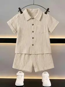 Boy Baby Shirt Set with Pocket Top and Solid Pants, Casual Loose-Fitting, Plain Pattern, Button and Collar Details, Summer Gift Set