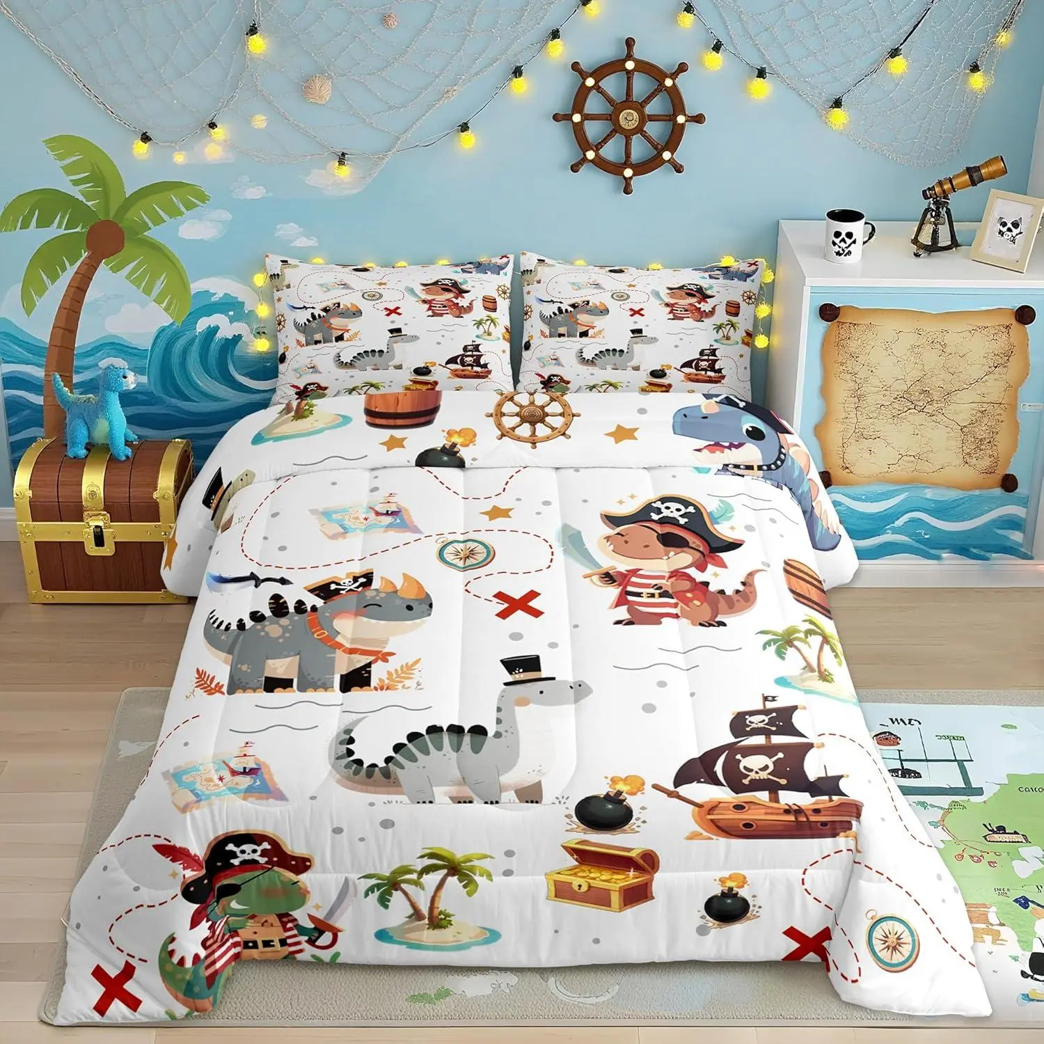 Pirate Dinosaur Kids Comforter Set,Toddler for Boys,Sea Nautical Map Theme Bedding Set,Child Teens Bedroom Decor,Cartoon Animals Quilt Set,Ocean Adventure Duvet Insert