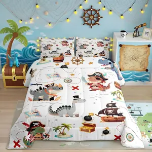 Pirate Dinosaur Kids Comforter Set,Toddler for Boys,Sea Nautical Map Theme Bedding Set,Child Teens Bedroom Decor,Cartoon Animals Quilt Set,Ocean Adventure Duvet Insert