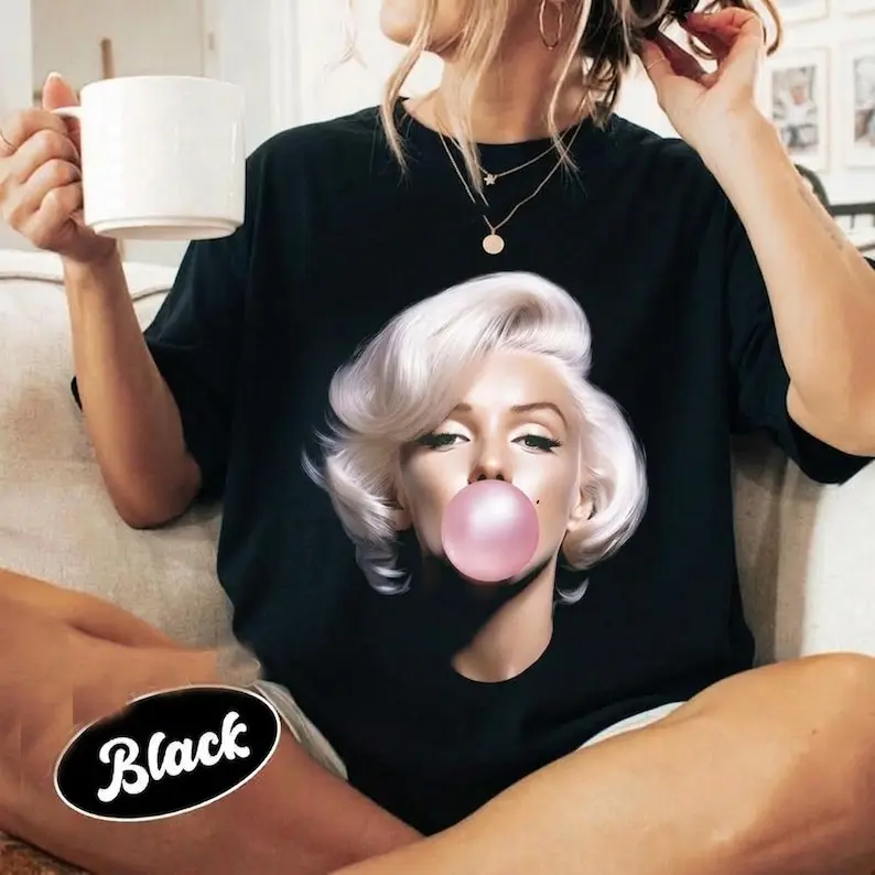 Men's Classic Cotton Short-Sleeve Tshirt - Vintage Graphic Tees, Unisex Round Neck, 90s Retro Marilyn Monroe Bubblegum Graphic Art, Hollywood Icon Casual Fit Premium Fabric Streetwear Top with Split Detail, True Size Run, Menswear, Bubblegum Print, Preppy