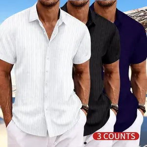 Men's Casual Short Sleeve Button Down Shirt – Striped Polyester Dress Shirts for Summer Beach Vacation, Business Casual & Daily Wear, Solid Color Loose Fit Top