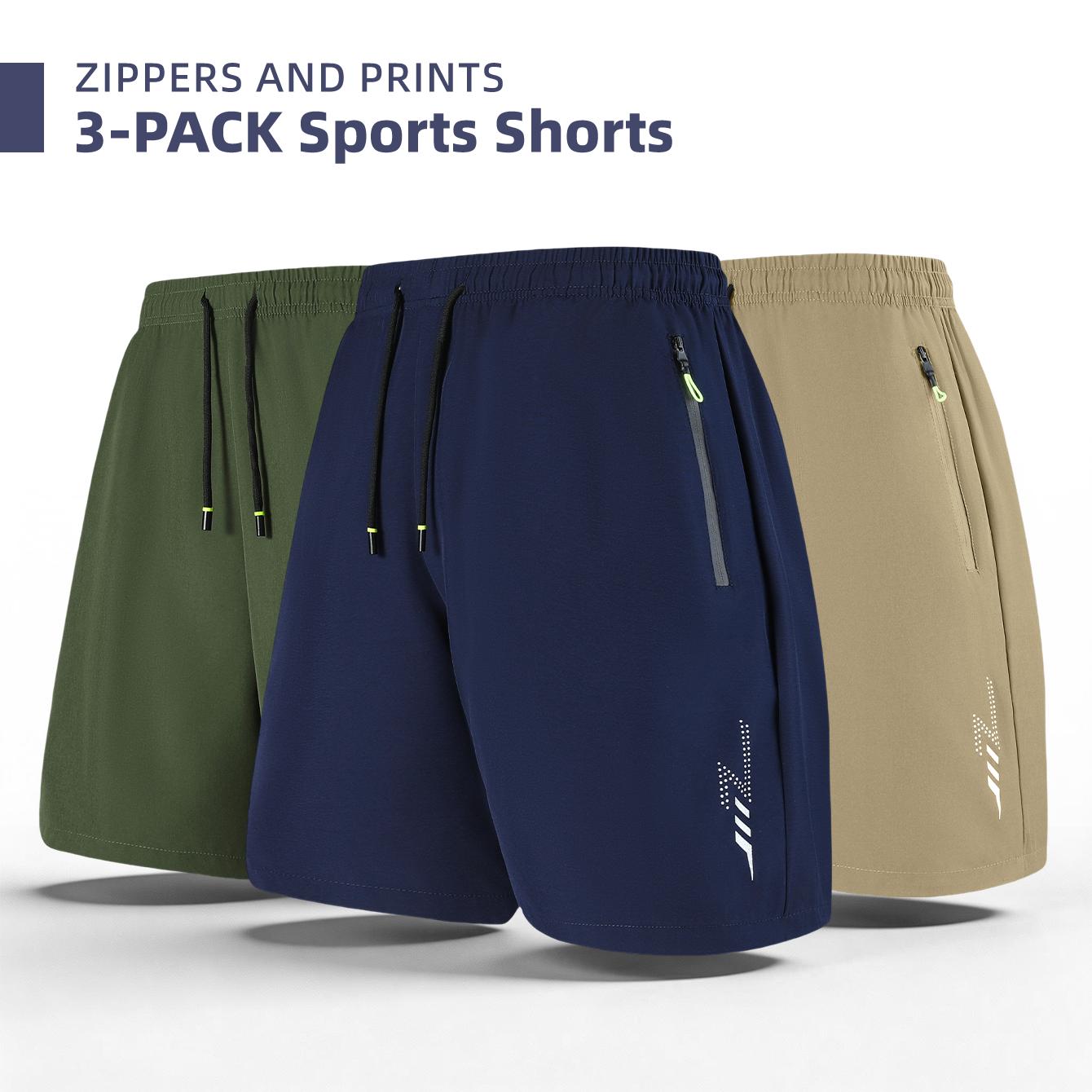 Men's 3-Pack Zipper Pocket Sports Shorts, with Reflective Prints, Drawstring Elasticated Waist, Zipper Side Pockets, Casual Shorts for Both Sports and Daily Wear