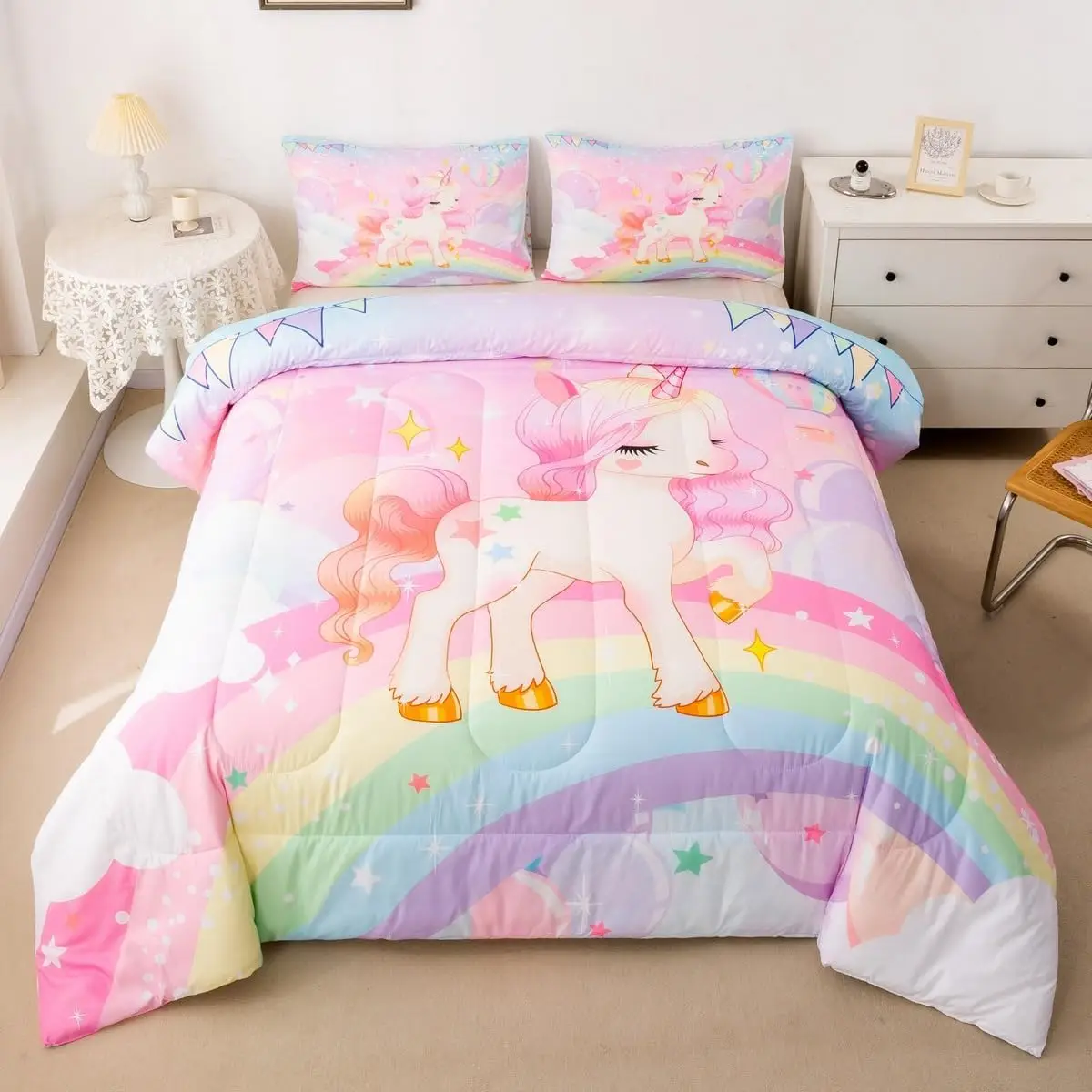 Unicorn Comforter Set,Rainbow Cartoon Unicorn Bedding Set,Pink Kawaii Cute Reversible Stars Comforter,Cozy Soft All Season Duvet Set with Pillowcase C