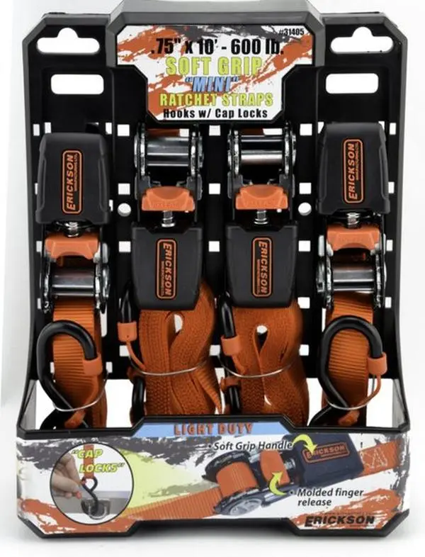 212 MAIN Light Duty Ratchet Strap 4-Piece Set - 0.75 in. x 10 ft., 600lb Capacity, Caplocks, Soft Grips, Adjustable Rope