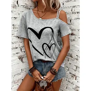 [Short Asymmetrical Neck Heart-shaped T-shirt] Women's Heart-shaped T-shirt Cut Asymmetrical Neck T-shirt Short