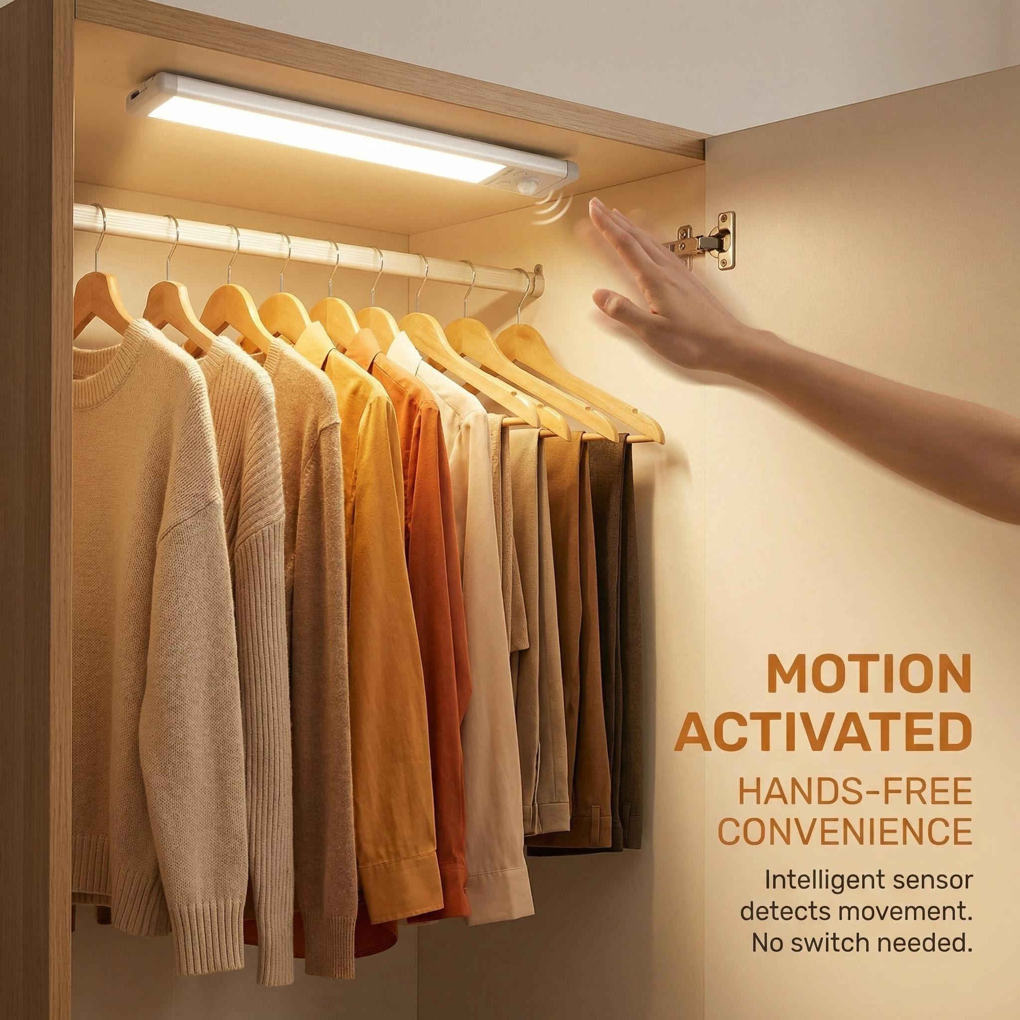 Motion Sensor Under Cabinet Light Rechargeable Wireless LED Closet Light Long Battery Life Stick On Night Lights for Kitchen Wardrobe Stair Hallway Bedroom 3000K Warm White No Flicker No Glare