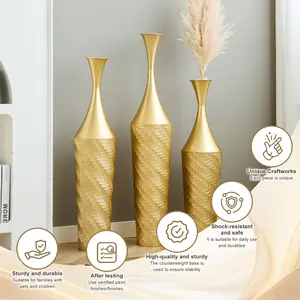 Gold Metal Floor Vase – Handcrafted Rustproof Iron Tall Decorative Vase Set of 3 (13.95", 12.4", 10.85") for Living Room, Entryway, and Modern Home Decor