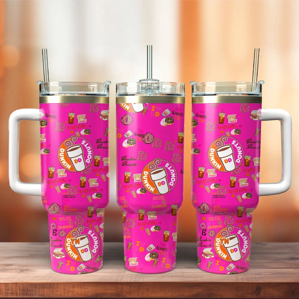 Dunkin’ Donuts Pink Coffee 40oz Tumbler with Handle & Straw, I Run on Dunkin’ Insulated Cup, Cute Coffee & Donut Travel Mug, Bright Girly Drinkware Gift for Coffee Lovers