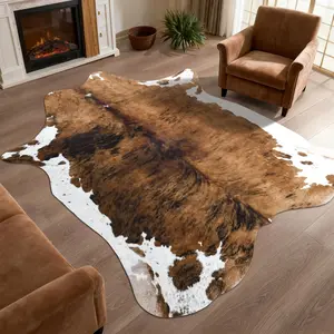 Large Faux Cowhide Print Rug for Living Room, 5.2x6.2 ft Brown Western  Cow  Rugs, Non Slip Cool Cow  Carpet for Bedroom Dining Room Farmhouse Entrance  Decor, Brown