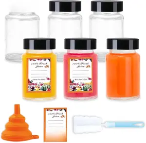6-Pack 2oz Glass Juice Bottles with Caps – Wide Mouth Reusable Wellness Shot Jars for Juicing,Ginger,Liquor,Oils,Juice Stickers,Cleaning Brush & Silicone Funnel (BPA-Free, Dishwasher Safe)