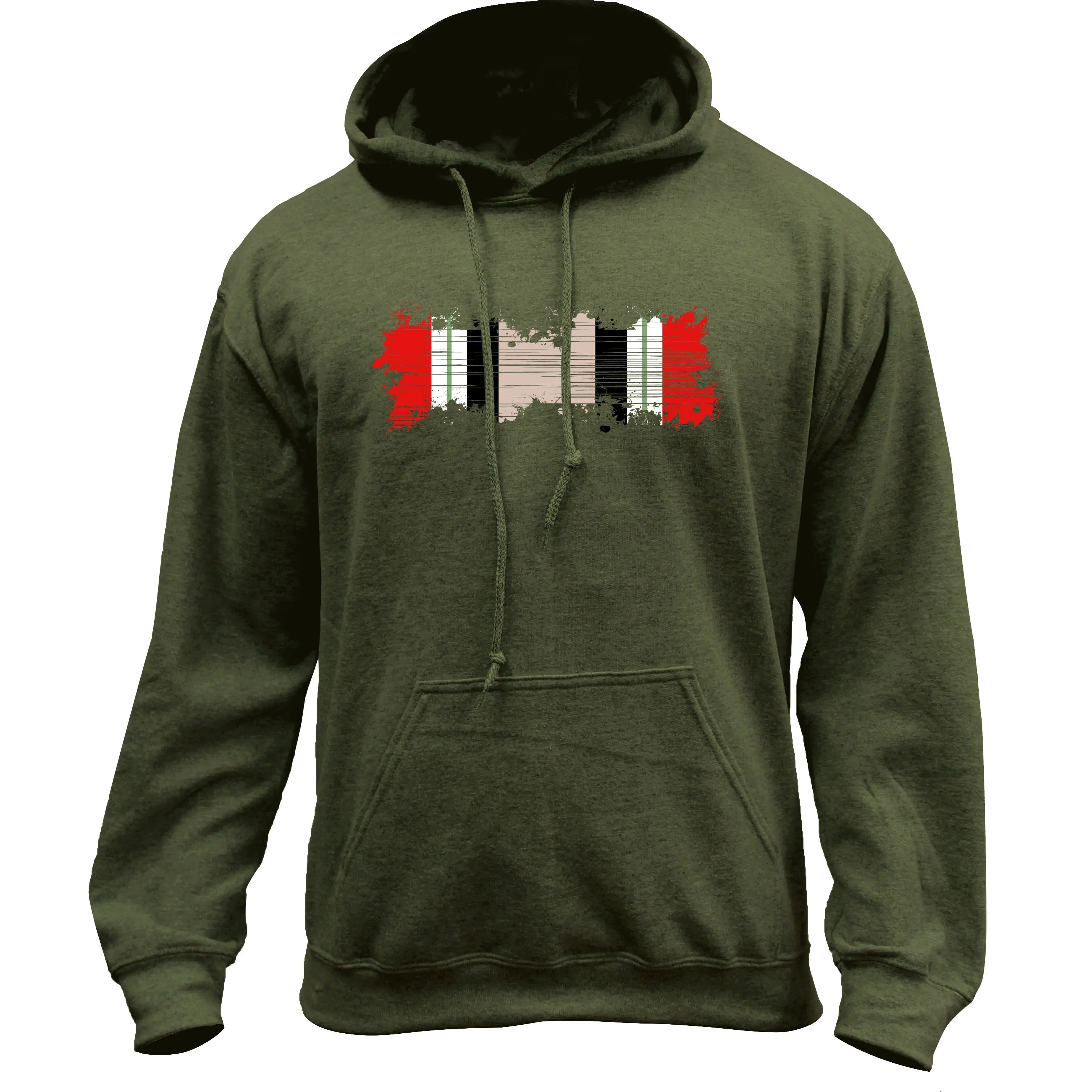 Men's Iraq Campaign Distressed Ribbon Ribbed Cotton-Knit-Spandex Casual Long Sleeve Pullover Hoodie Sweatshirt, Menswear Tops with Functional Pocket, Sweatshirts, 8-Ounce