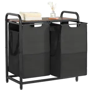 VEVOR 2 Section Laundry Sorter, Large Laundry Hamper with Metal Frame and Wooden Tabletop, Freestanding Storage Organizer Baskets with Pull-Out 600D Oxford Cloth Bags for Dirty Clothes, Bathroom