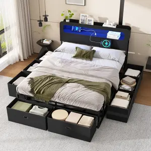 Queen Size Bed Frame with 6 Storage Drawers & Bookcase Headboard, Queen Platform Bed with LED Light and Charging Station, Noise-Free, Easy Assembly, No Box Spring Needed, Black