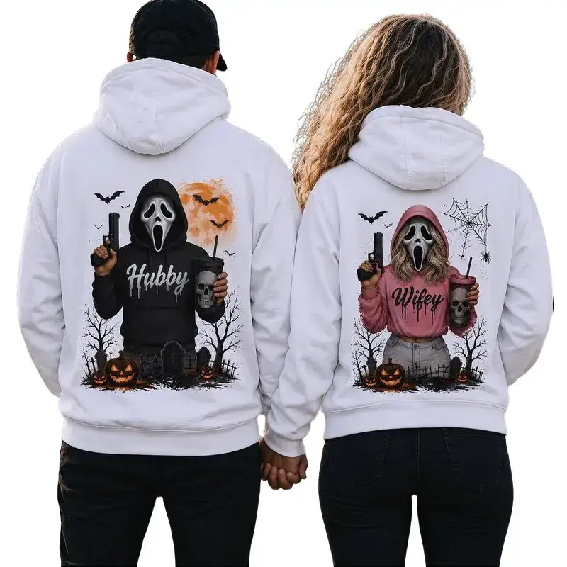 Women's Classic Ghostface Halloween Couple Matching -Fleece Long Sleeve Loose Casual Pullover Hoodies, Men's Comfortable Hooded Sweatshirts, Ideal Gift
