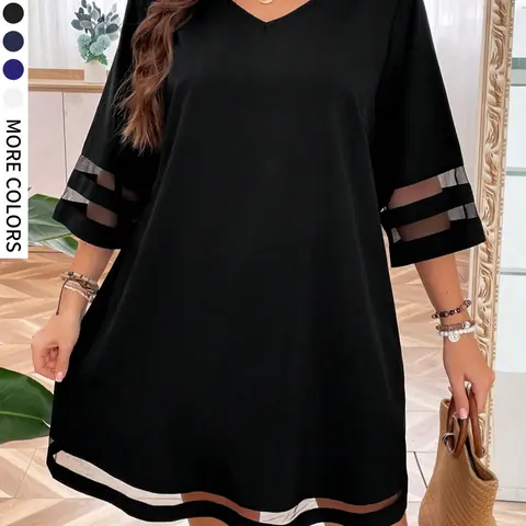 【Plus Size】 Solid Color Contrast Mesh V Neck Dress, Casual Three-Quarter Sleeve Dress for Summer, Women's Clothes for Daily Wear Fit
