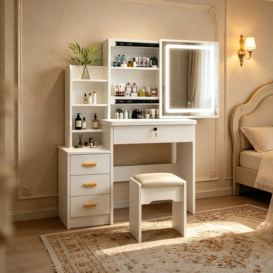 Bedroom Vanity Set with LED Lights (Includes Stool, Drawers, and Side Storage Shelves)