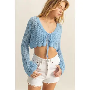 HYFVE Tied Front Crochet Cropped Cardigan