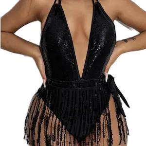 Shimmy One Piece Deep Cut Open Front with Sequin Tassel, Black, Razzle Dazzle Style, Perfect for Parties and Special Occasions Women Swimsuit