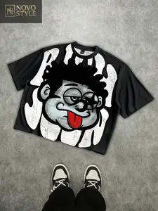Novo Style Men's Street Loose Distressed Quirky Oversized Graphic Print Short T-Shirt Men's Cropped Tops, Men's Cropped Graphic Shirts, Graphic Tees Men Crop, Men Oversized Crop Printed, Oversized T Shirt Men Anime