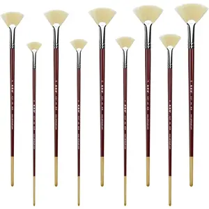 646 Fan Artist Paint Brush 9 Piece Set Medium Stiff Hog Bristle Extra Long Handle #0#2#4#6#8#10#12#14#16 for Acrylic Oil Watercolor