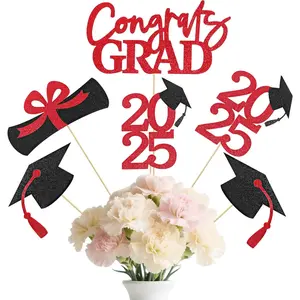 16 Pcs Graduation Decorations Class of 2025, Black & Red Double-Sided Graduations Party Decorations, Graduations Party Centerpieces for Table Toppers