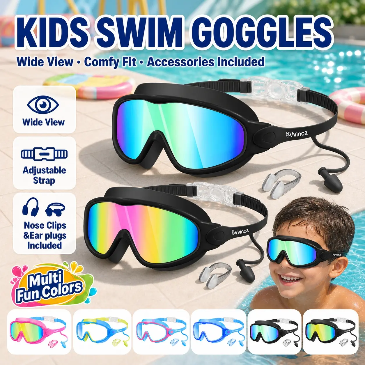 [BackToSchool] Vvinca Kids Swim Goggles for Ages 3-12+ Kids,Youth,UV Protection Anti-Fog Wide View Waterproof Goggles for Boys and Girls - Safety anti-uv swimming goggles swim glass anti-fog  with Earplugs & Nose Clip,for Lake,Beach, Summer Party