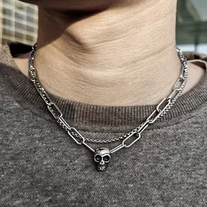 Double Layered Stainless Steel Box Cable Chain Skull Charm Choker Necklace for Men Toggle Clasp