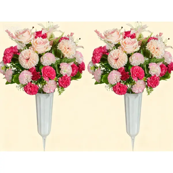 Set of 2 Artificial Flower Bouquets with Vase for Cemetery Headstones, Grave Memorial Flowers, Waterproof Fade-Resistant, Realistic Carnation Rose Lily Arrangement, Easy to Install