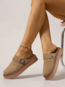 Women's Thick Sole Footbed Sandals, Flat Round Toe Slip-On Mules, Colors, Casual Fashion Outdoor Shoes