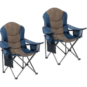 2 Pack Folding Camping Chairs for Adults - High Back Padded Portable Outdoor Lawn Chairs 400lbs Capacity, Adjustable Armrests - Lightweight Camp Chairs Set (Blue & Brown)