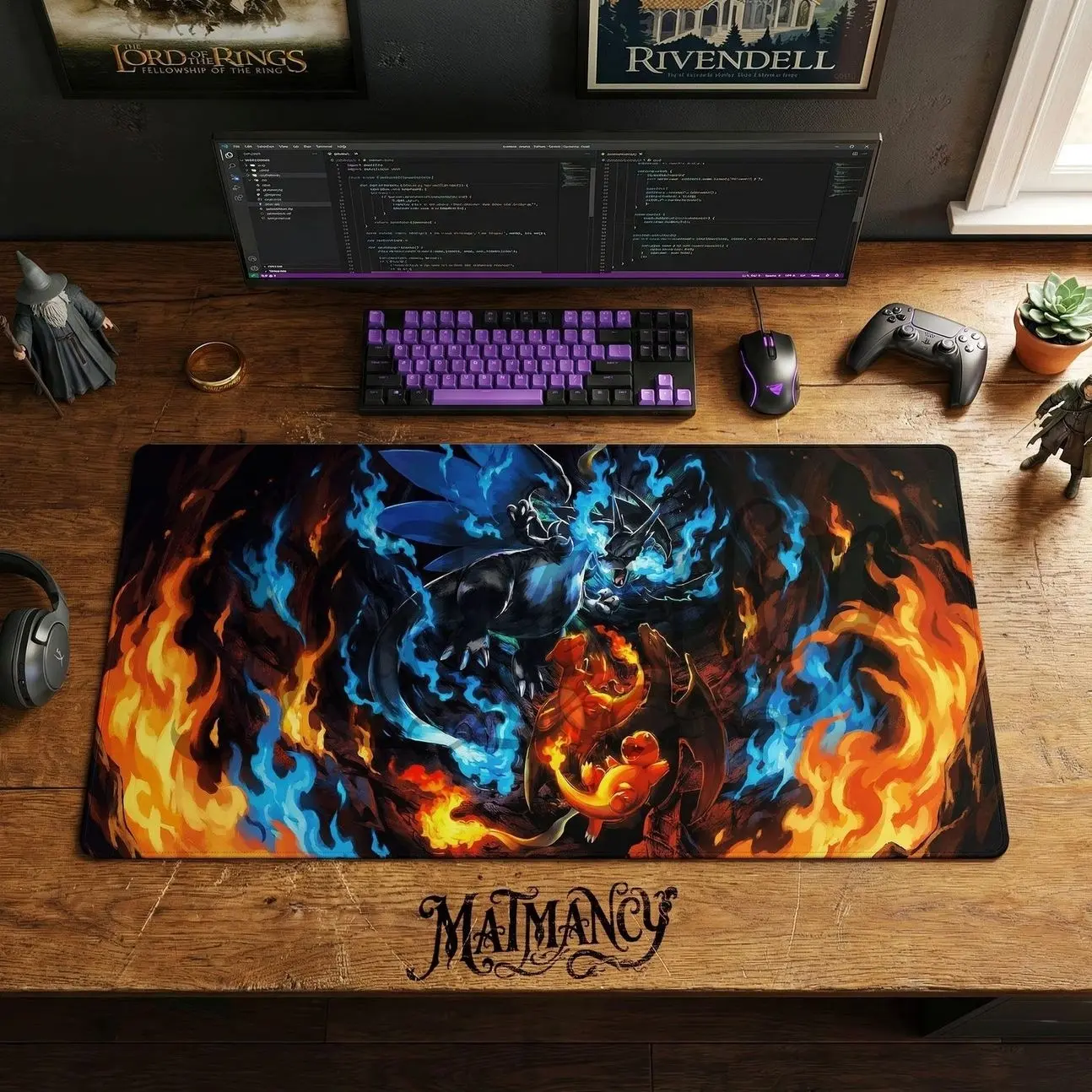 Mega Charizard X Desk Mat, Charmander Evolution Mouse Pad, Blue Fire Anime Gaming Setup, Pokemon Chair Mat