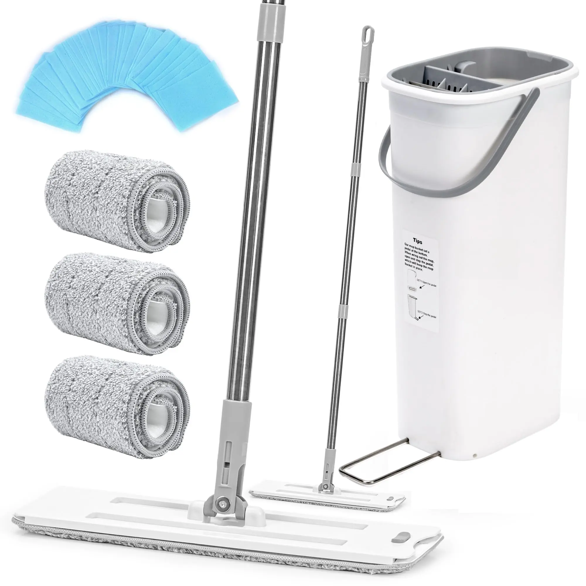 Hands-Free Squeeze Mop & Bucket Set / Wringer | 3 Reusable Microfiber Pads | Multi-Surface Floor Cleaner for Wood, Laminate, Tile, Vinyl | Wet & Dry Cleaning System