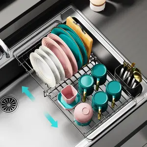 Expandable in Sink Dish Drying Rack - Adjustable Dish Rack in Sink, Rustproof Dish Drainer for Kitchen Counter, Dish Strainer with Utensil Holder, Sink Rack Fit for 13"-18" Kitchen Sink