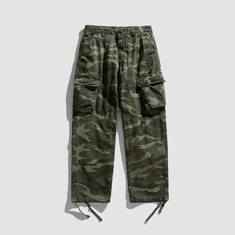 Jungle Camo Cargo Pants Multi Large Side Pockets Adjustable Drawstring Ankle Loose Straight Tactical Trousers Vintage Military Streetwear Casual Outdoor Pants