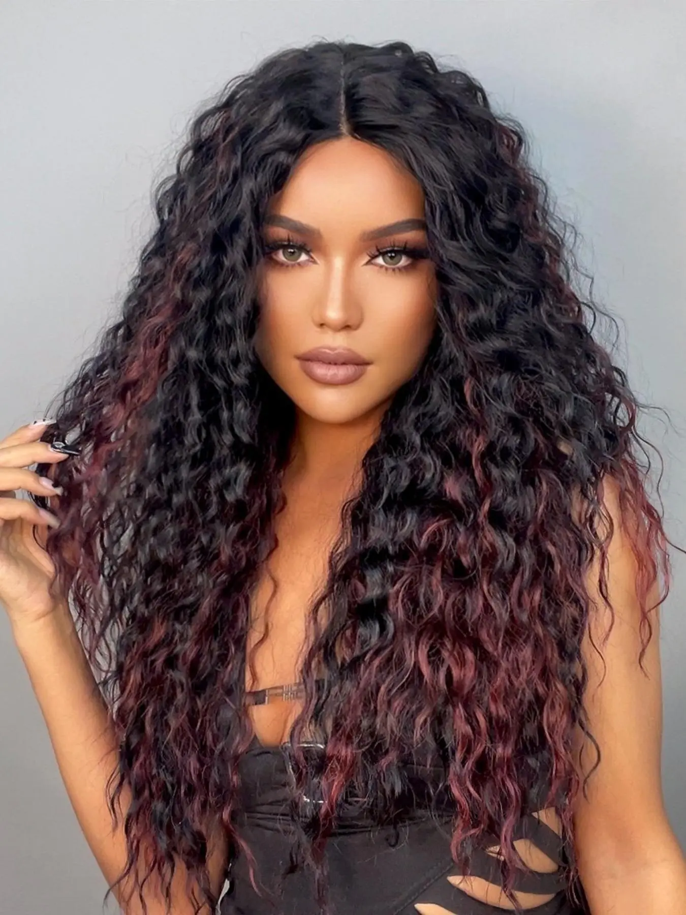 T Part Hd Glueless Lace Front Wigs, 26/28 Inch Long Curly Black Women's Wig with Red Highlights, Shaggy Heat Friendly Wigs, Natural Looking and Charming Wig, Synthetic Curly Wigs