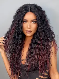 T Part Hd Glueless Lace Front Wigs, 26/28 Inch Long Curly Black Women's Wig with Red Highlights, Shaggy Heat Friendly Wigs, Natural Looking and Charming Wig, Synthetic Curly Wigs
