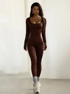 Women's High Elasticity Yoga Jumpsuit, Long Sleeve Round Neck Button Design, Tight-Fit Below Ankle Length, Ideal for Gymnastics & Dance