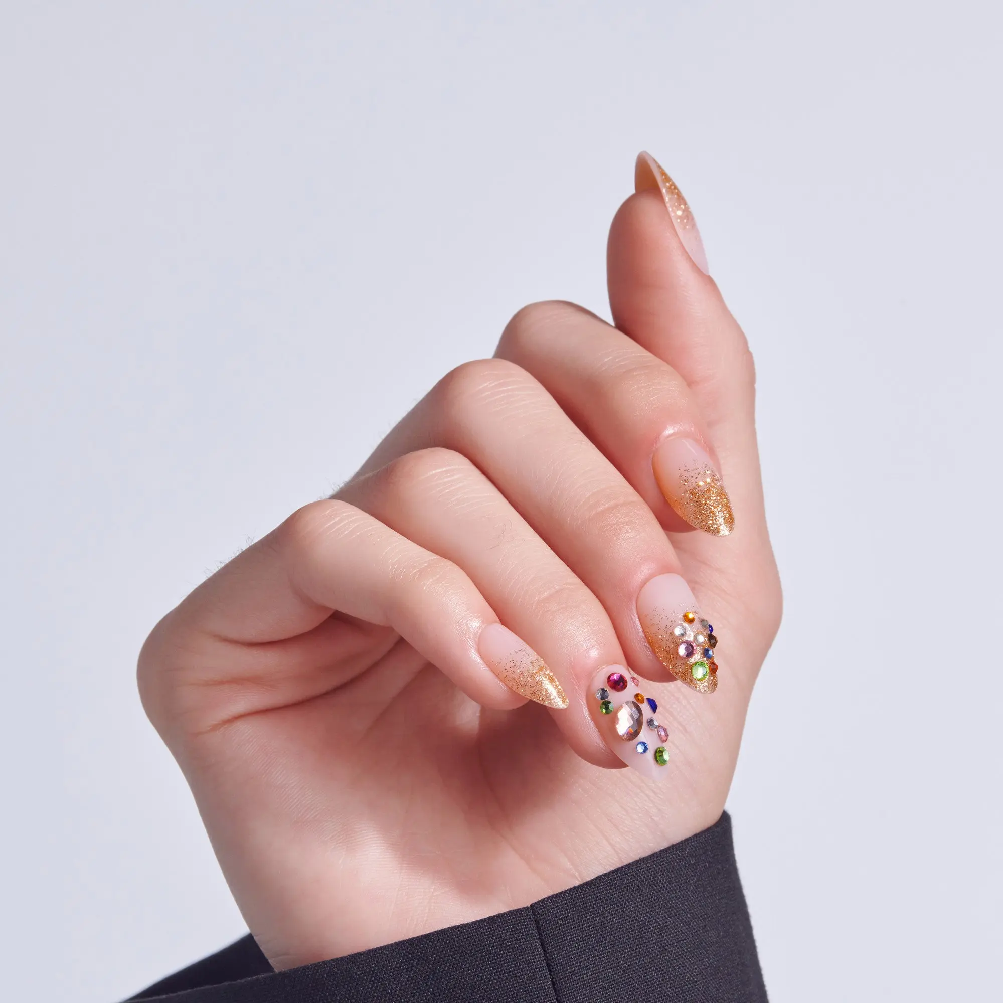 Kiss Luxe Press On Fake Glue Nails - Golden Field | 3D & Jewel Design, Gold, Medium, Almond