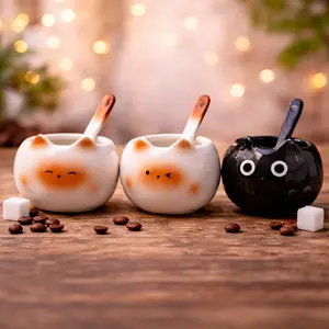 3D Cat Shaped Ceramic Coffee Mug with Matching Spoon - Winking Siamese Cat Design, Food-Safe Glaze, Ideal for Coffee Tea & Hot Drinks, Lightweight & Comfortable, Perfect for Daily Home Use - Drinkware Engine-Themed Double-Walled Stainless Steel