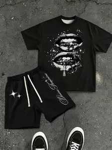 Dark Street Lips Print Graphic Tee Set, American Street Style Streetwear Star Shorts Two-Piece Set, Men's Summer Fashion, Loose-Fitting, No Button