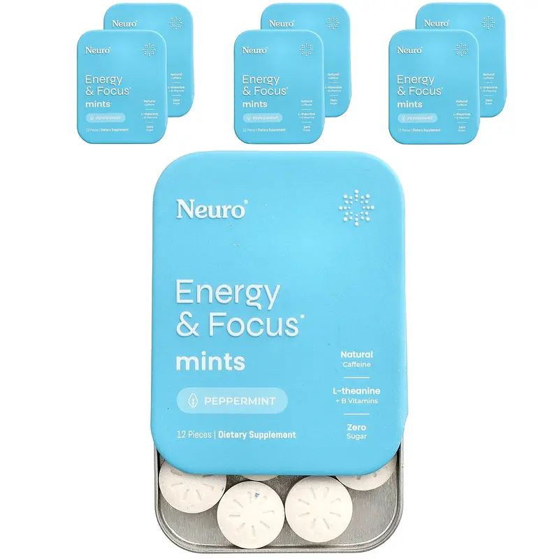 NeuroGum Mints, Energy & Focus, Peppermint, 6 Packs, 12 Pieces Each
