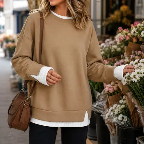 Women's Oversized Round Neck Drop Shoulder Long Sleeve Pullover Sweatshirt - Basic, Comfortable Fake 2-Piece Layered Look, Contrast Ribbed Cuffs & Hem, Slip-In Design, Casual Fall Women's Tops Compatible with Bottoms & Jeans