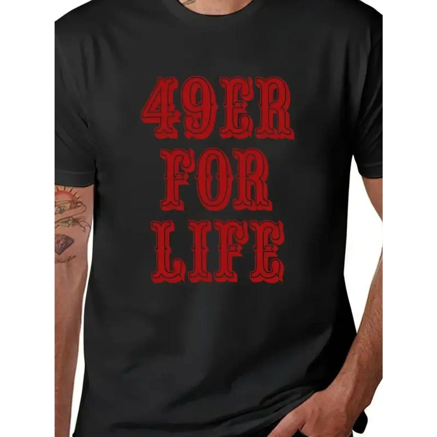 49er for Life Men's Black Cotton T-Shirt - Casual Crew Neck, Short Sleeve with Bold Red & White Graphic  Soft & Durable, Machine Washable, Ideal for Daily Wear & Sports