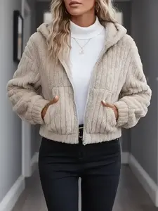 Women's Solid Color Pocket Zip Up Fuzzy Hooded Jacket, Casual Drop Shoulder Long Sleeve Outerwear for Fall & Winter, Ladies Clothes for Daily Wear, Coats