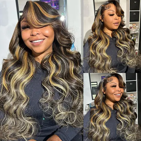 QUANDIAN Women's 13x4 HD Lace Front Wavy Human Hair Wig, 200% Density Loose Body Wave, 18-32 Inch 22.5 Medium Cap, FB/27 Balayage Highlight Wig Human Hair, Pre-Bleached Knots