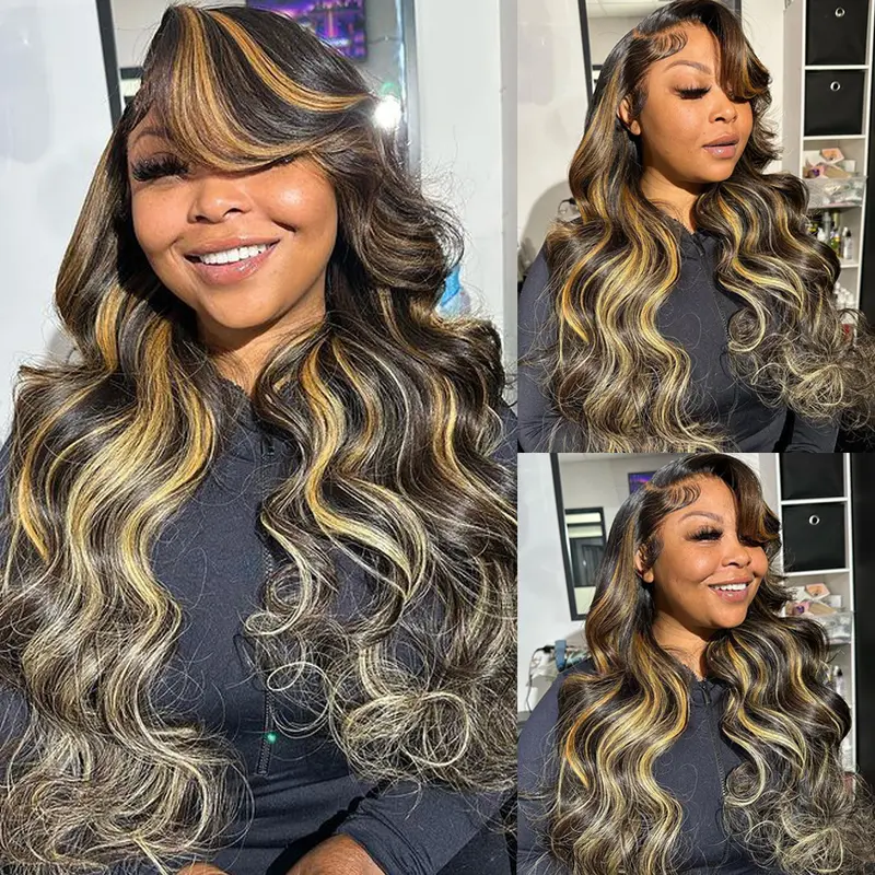 QUANDIAN Women's 13x4 HD Lace Front Wavy 100% Human Hair Wig, 200% Density Loose Body Wave Wig, 18-32 in 22.5 Medium Cap, FB/27 Balayage Highlight, Pre-Bleached Knots