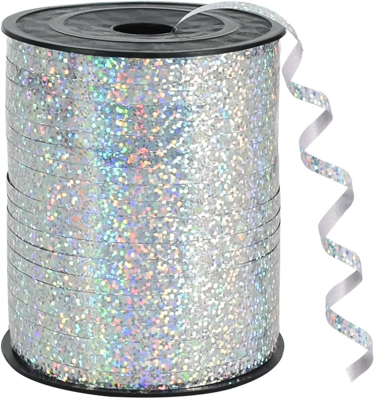 500yds Long 5mm Curled Holographic Metallic Shine Silver Ribbon Roll, Crimped Balloon String for Gift Wrapping, Birthday Party Decor, Florist Flower Arrangements