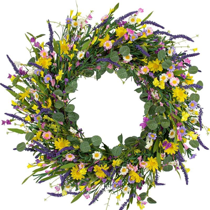 J'FLORU Spring Wreaths for Front Door 22 Inch Artificial Summer Wreath Daisy and Lavender Wreath with Wildflowers for Home Wall Farmhouse Springtime Easter Holiday Party