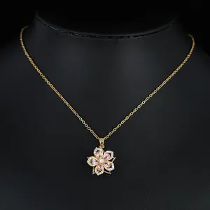 Necklace for Women Gold Flower Fidget Necklace Rotatable Crystal Silver Blossom Pendant Necklaces Adjustable Spinning Fidget Necklaces Redbud Flower Choker Funny Gift Jewelry（PINK）